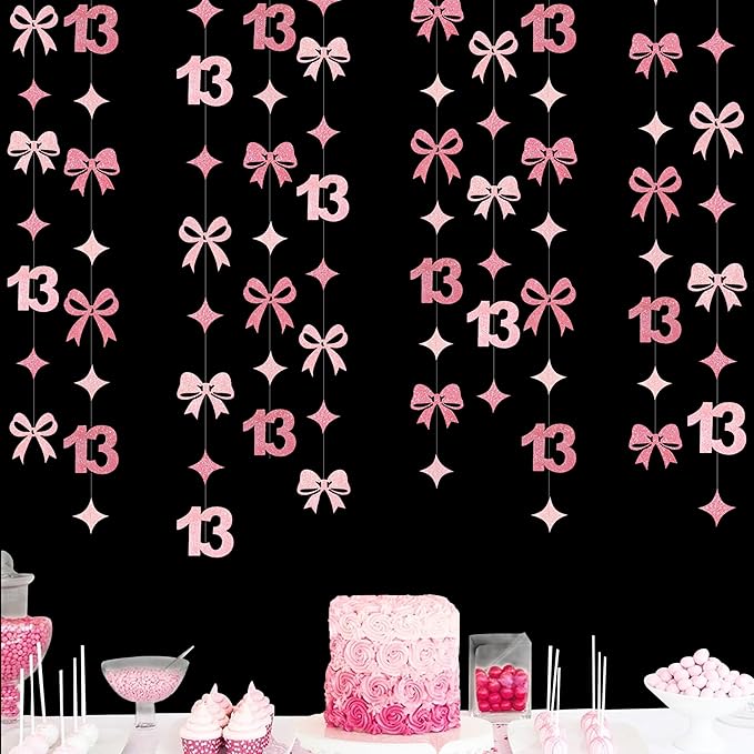 Glitter Pink 13th Bow Birthday Decorations Hot Pink Conquette Bow Garland Streamer Banner Backdrop for Girls Happy 13th Birthday Official Teenager Cheers to 13 Years Old Anniversary Party Supplies