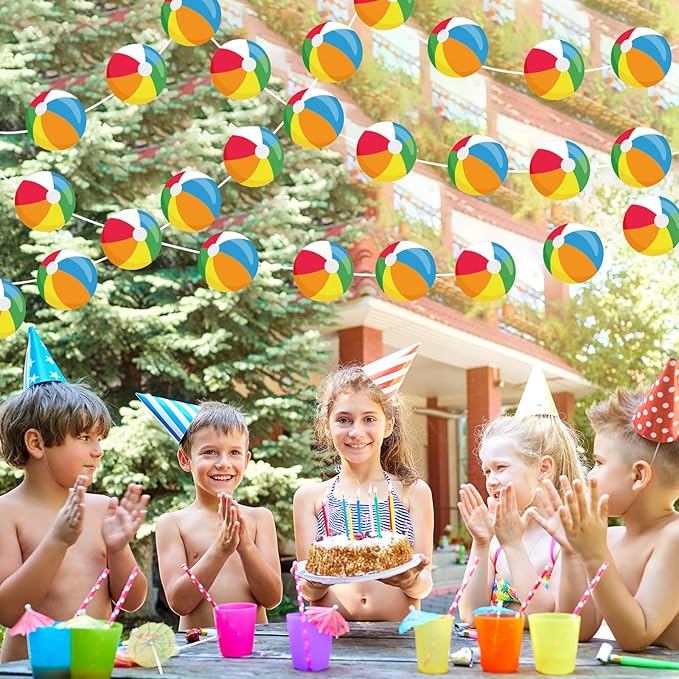8 Pieces Beach Ball Garland Summer Pool Party Hanging Banner Decorations Pool Ball Paper Cutout Garland Room Wall Decor for Hawaii Beach Birthday Baby Shower Party Favors Supplies