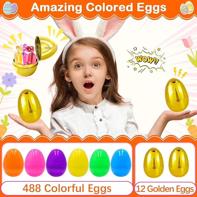 Easter Eggs 500 PCS Bulk, 2.4" Plastic Fillable Easter Eggs Set with 12 Golden Eggs, Colorful Empty Eggs for Kids Easter Egg Hunt Classroom Prizes Basket Stuffers Easter Party Favors