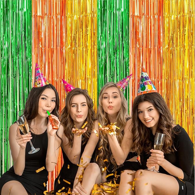 2 Pack Construction Foil Fringe Curtains, 3.3x6.6 Ft Orange Gold and Green Tinsel Backdrop Party Decorations Door Streamers for Birthday St. Patrick's Day Engagement Decor,Photo Booth Props
