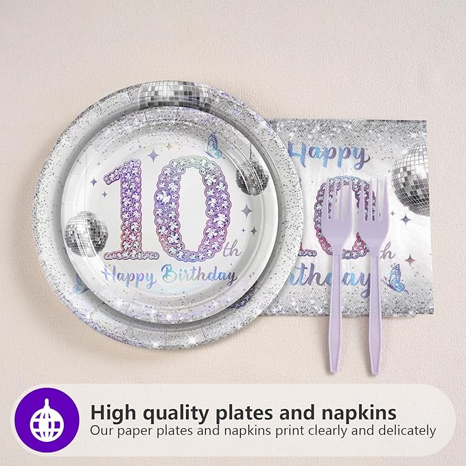 Grencian 96 Pcs Disco 10th Birthday Decorations for Girls Boys Silver Dazzle Double Digits Plates Supplies Disposable Iridescence Happy 10th Birthday Tableware Set for Kids I'm 10 Themed Party Favors