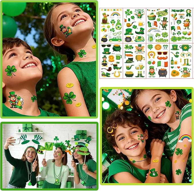 LSCQYYCC- St. Patrick's Day party gift set, including shamrock glasses, soft rubber bracelets, beaded chains, mustaches, hair bands, and Irish-themed party supplies with themed stickers