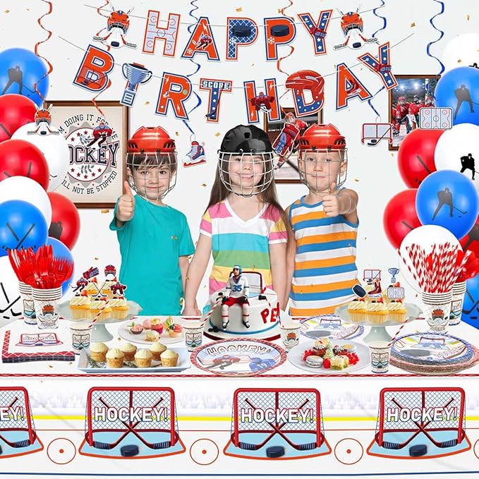 Hockey Party Supplies - Ice Hockey Birthday Party Set Including Plates, Cups, Napkins, Tableware, Tablecloth, Hanging Swirl, Balloons, Banner for Kid's Hockey Fans Birthday Gameday - Serves 20