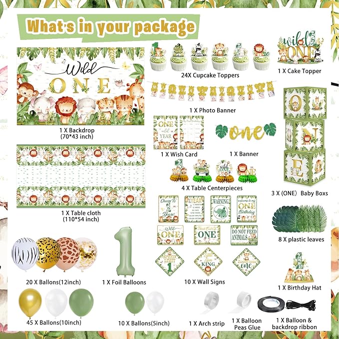Mpanwen Wild One Birthday Decorations for Boys, 132 Pcs First Safari Jungle Theme Party supplies for 1st Boy Baby - Backdrop, Tablecloth, Palm Leaves, Centerpieces, Crown, Poster, Wall Signs, Blocks