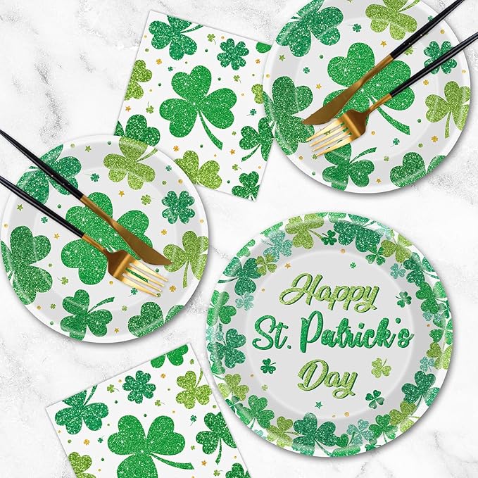 150 Pcs Happy St Patricks Day Plates and Napkins Set - Disposable St. Patrick's Day Tableware kit, Green Shamrock Paper Dinner Dessert Plates Dinnerware for St Patrick Day Party Decorations, Serve 50