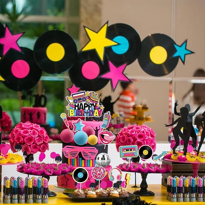 Hooqict 26 PCS 80s Cake Decorations 80s 90s Cake Toppers Retro 1980s Hip Hop Cake Decorations with Glitter Balls Cupcake Toppers for Neon Throwback Birthday Party Supplies