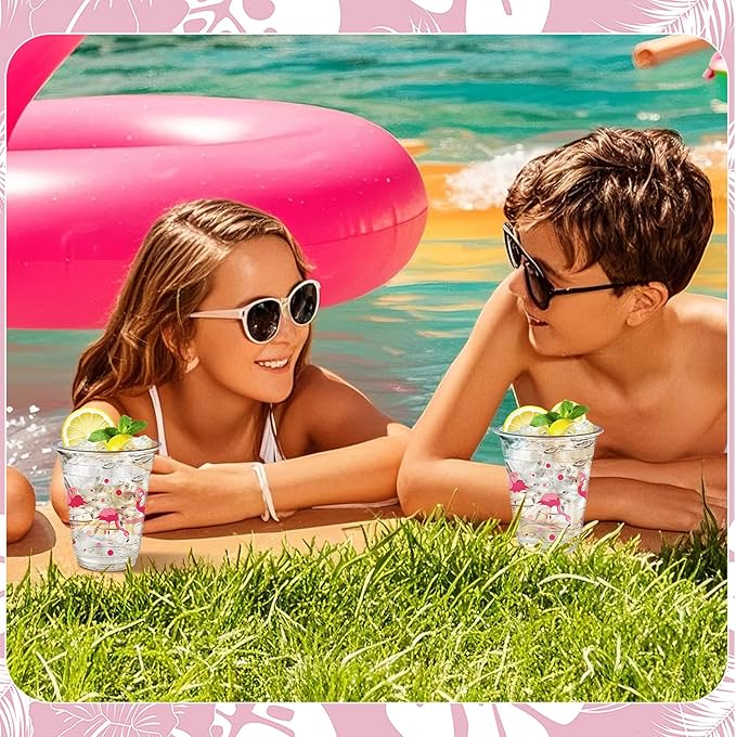 Uiifan 50 Pcs Flamingo Plastic Cups Bulk Summer Tropical Party Favor 12 oz Disposable Pink Flamingo Cups Hawaiian Luau Birthday Party Supplies for Hot Cold Drinking Beverage Bridal Shower Wedding