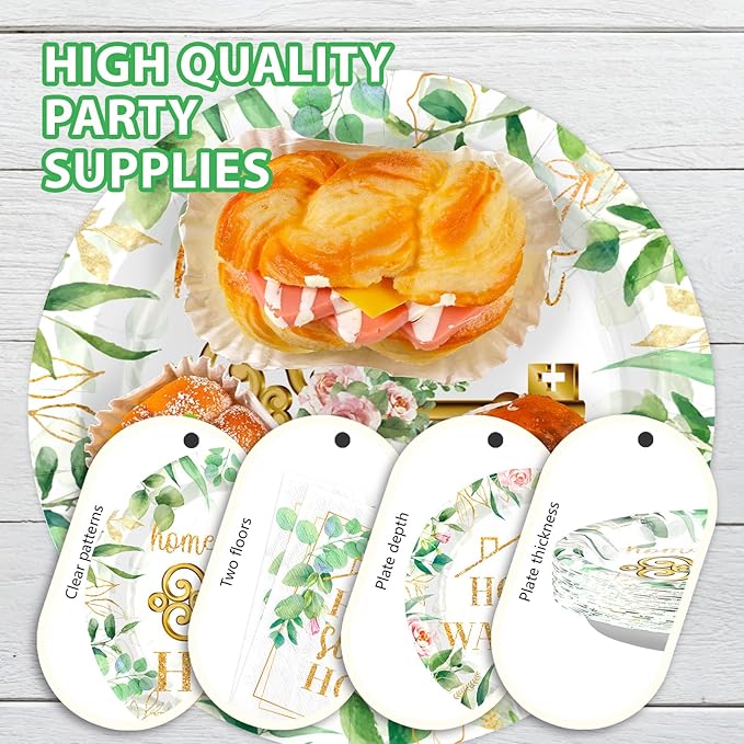Grencian 96Pcs House Warming Party Decorations Housewarming Plates and Napkins Disposable Green Leaves Pink Floral Home Sweet Home Paper Tableware Set for New House Wedding Party Supplies, Serves 24