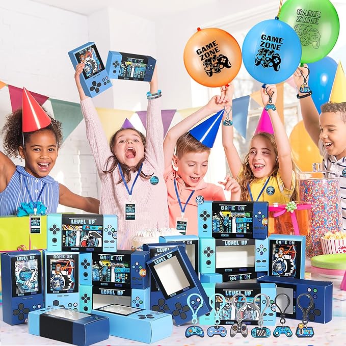 243 Pcs Video Game Party Favors for Kids Gamer Goodie Bag Stuffers Gaming Birthday Party Supplies with Gift Boxes, VIP Pass, Balloons, Bracelets, Keychains, Badges, 3D Stickers (Blue)