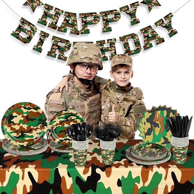 Rtteri 171 Pcs Camo Birthday Party Supplies Serves 24 Camouflage Themed Party Supplies Set with Camo Tablecloth Plates Napkins Cups Tableware Banner for Army Military Birthday Decorations