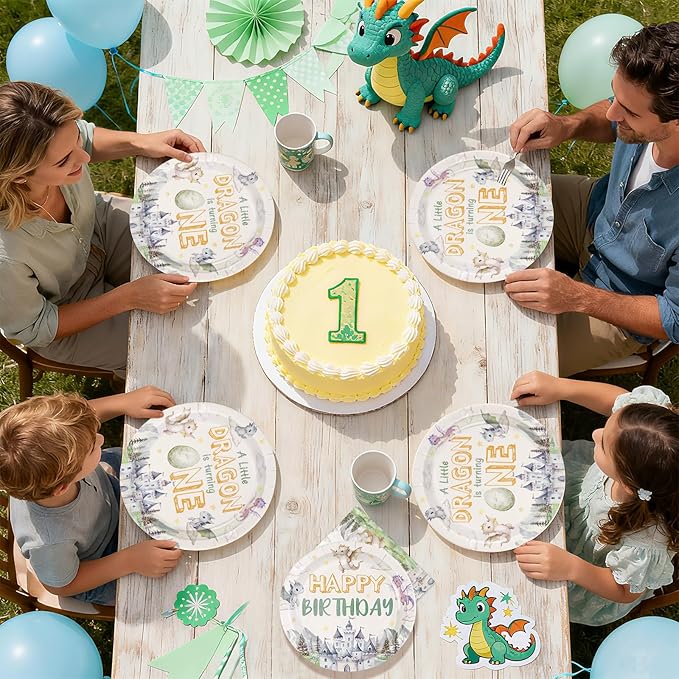 96Pcs Dragon 1st Birthday Party Decorations A Little Dragon is Turning One Plates and Napkins Cartoon Dinosaur Theme Tableware Sets for Kids 1st Birthday Baby Shower Party Supplies Serves 24
