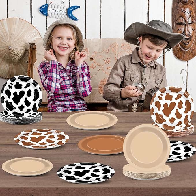 CHUNNIN 48Pcs Western Cowboy Party Paper Plates 7” Cow Print Party Supplies Brown Cowgirl Disposable Dessert Dinner Plates for Western Theme Farm Animal Birthday Baby Shower Farmhouse Party Decoration
