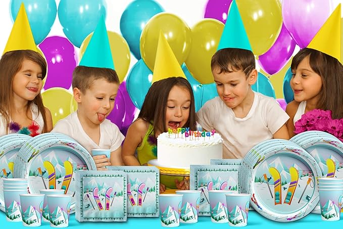 Birthday Galore Skiing Themed Party Supplies for Kids and Adults - Fun Celebration Set with Plates, Napkins, Cups, Tableware, Quick Setup, Colorful Decorations for Every Birthday Events - Kit for 16