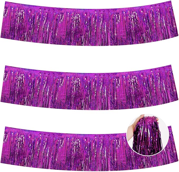 BEISHIDA 3 Packs Metallic Foil Fringe Garland Laser Purple Wall Hanging Tinsel Fringe Banners for Car Floats Bridal Shower Wedding Birthday Easter Graduation Holiday Party Decoration(30 Feet)