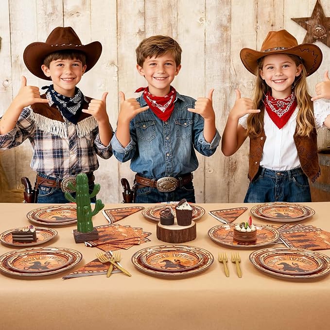 WERNNSAI Western Party Decorations - 64 PCS Cowboy Plates Napkins and Forks Wild West Birthday Supplies Western Paper Plates for Kids Boys First Rodeo Birthday Bachelorette Decor Serves 16 Guests