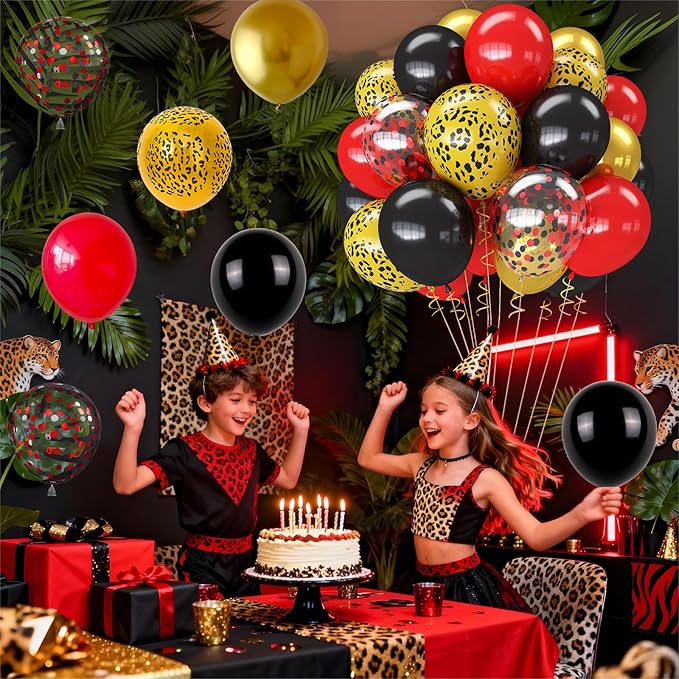 Red Black Cheetah Balloons, 60Pcs 12Inch Black Red Metallic Gold and Leopard Print Balloons with Confetti Latex Balloon for Wild Animal Jungle Safari Zoo Theme Birthday Bachelorette Party Decoration