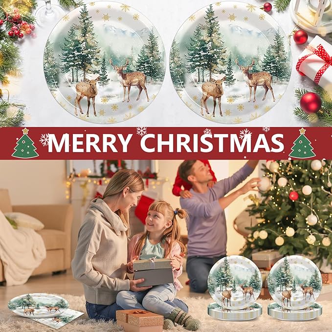50Pcs Christmas Reindeer Paper Plates and Napkins Watercolor Deer Snow Pine Trees Snowflakes Table Decoration Winter Woodland Disposable Tableware Set 25 Guests Xmas Holiday Birthday Party Supplies