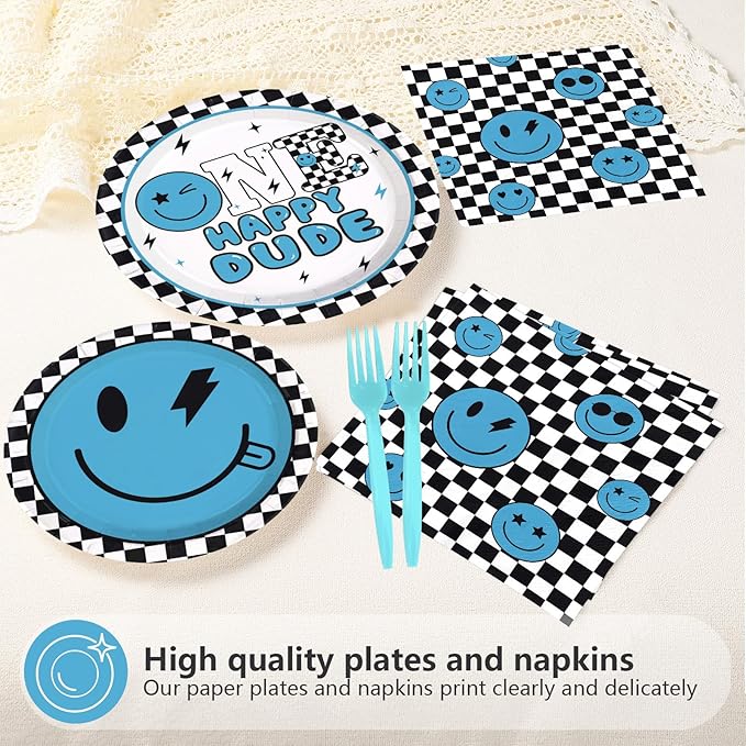 96Pcs One Happy Dude 1st Birthday Party Decoration Blue Smile Face Plates and Napkins Black White Plaid Disposable Paper Tableware Set for 1st Birthday Baby Shower Party Supplies Serves 24