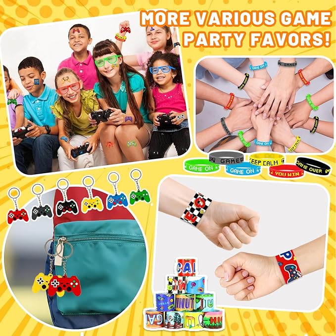120 PCS Video Game Party Favors, Gamer Gaming Party Favors - Glasses Invisible Ink Pens Notebooks Drinking Straws Stamps Tattoo Stickers Gift Bags for Game On Birthday Parties Favor Supplies