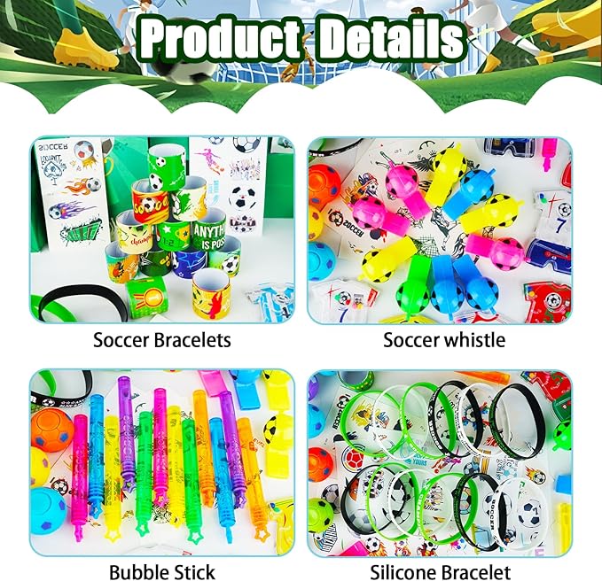 158Pcs Soccer Party Favors -12 Guests Set, Soccer Goodie Bag Stuffers with Rotatable Finger Stress Toys Whistles Bubble Wands Keychain Sticker for Kids Birthday Party Souvenirs Supplies