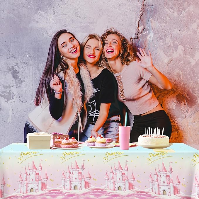 3pcs Princess Party Tablecloth, 54 x 108 Inch Pink Castle Plastic Table Cover, Princess Birthday Party Decorations for Fairytale Themed Party, Baby Shower, Girls Birthday Party Supplies