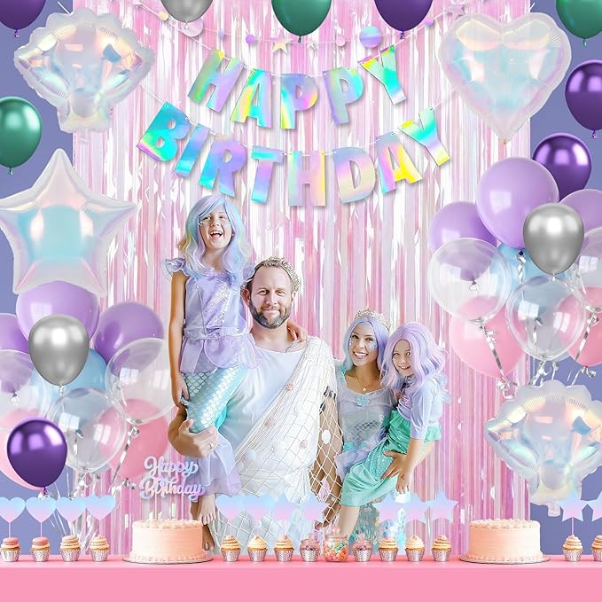 Mermaid Birthday Decorations for Girls Women, Iridescent Birthday Party Decorations, Happy birthday Banner, Pastel Balloons, Fringe Curtains, Star Garland, Cake Toppers for Under the Sea Party Decor
