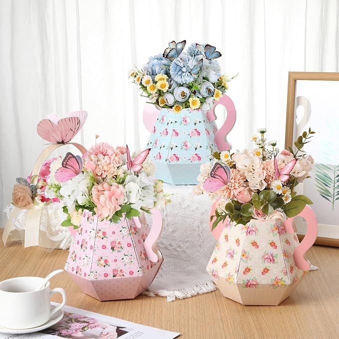 Fulmoon 6 Pcs Tea Party Decorations 6.7'' Flower Box Table Paper Teapot Princess Centerpiece Vase Table Decor Wonderland Fancy Party Decor for Floral Tea Birthday Baby Shower Wedding (Cute)