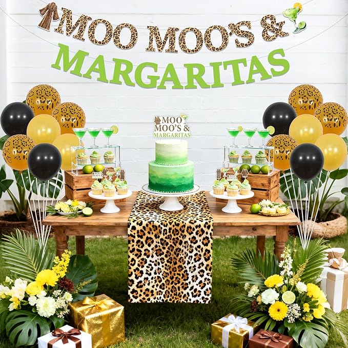 JOYMEMO Moo Moos and Margaritas Birthday Decorations for Women Female, Margarita Backdrop Banner, Cake Topper, Cupcake Toppers, Margs Theme Party Supplies