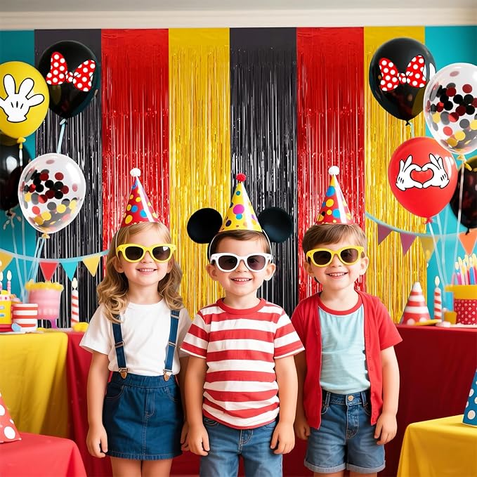 22Pcs Cartoon Mouse Birthday Decorations, Black Red Gold 3.3x8.2ft Tinsel Foil Fringe Curtains Banners and Cute Balloons for Anime Party Decorations Boys and Girls Party Supplies