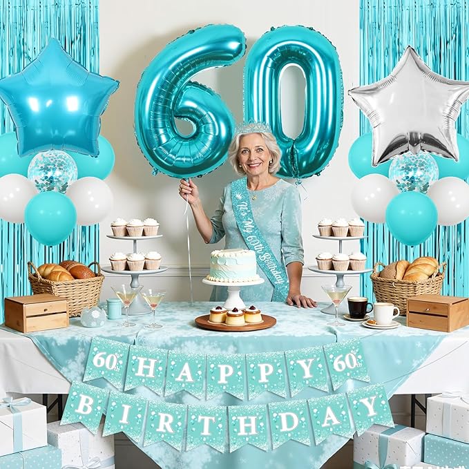 Funmemoir Teal 60th Birthday Decorations for Women - Happy 60th Birthday Banner Sash Tiara Foil Balloons Foil Fringe Backdrop and Cake Topper, Teal Blue 60 Years Old Party Supplies