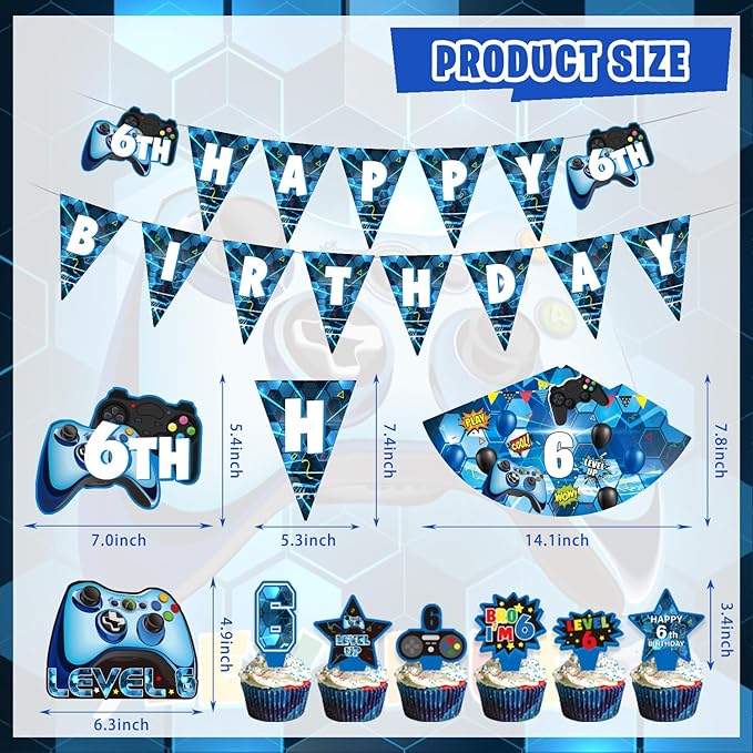 6th Birthday Decorations for Boys, 149Pcs Blue Video Game level 6 Party Supplies for Boy 6th Birthday - Backdrop, Banner, Balloons, Tablecloth, Centerpieces, Hanging Swirls, Wall Signs