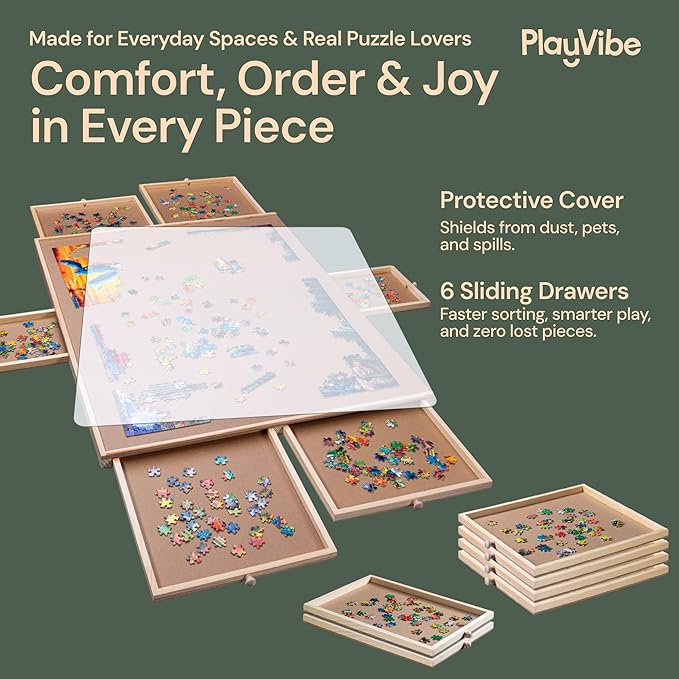 PlayVibe 1500 Piece Puzzle Board with Drawers and Cover - Jigsaw Solve Station - Portable Puzzle Table with Drawers, Tray & Accessories - Raised Edges, Outdoor Fun, Patio & Travel, Easter Gift Idea