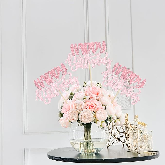 Gyufise 12Pcs Happy Birthday Centerpieces Sticks Double Sided Glitter Birthday Party Decorations Anniversary Table Flower Centerpiece for Celebrating Party Supplies Pink Light Pink