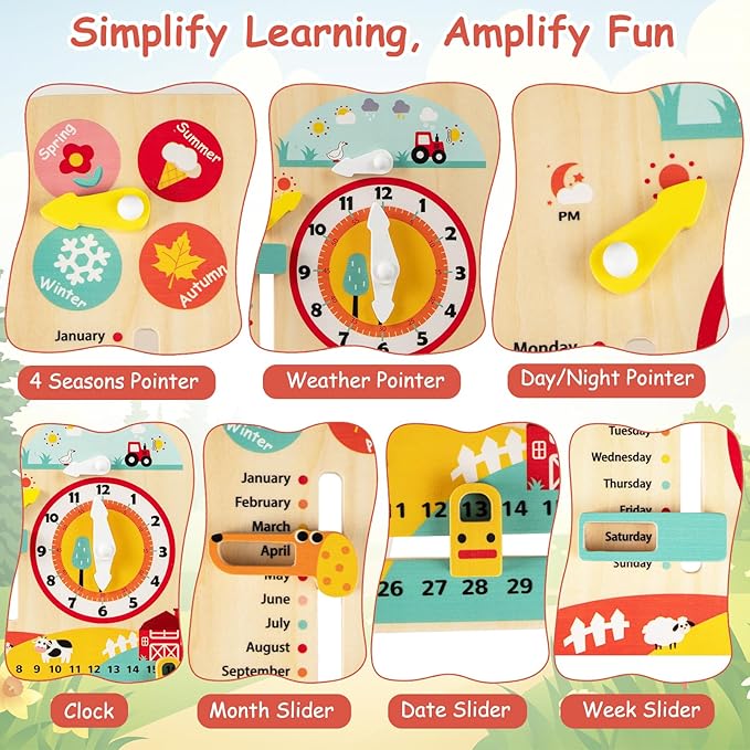 Costzon Montessori Kids Daily Learning Clock Toy, Wooden Educational Learning Clock Toy About Season, Weather, Day, Night, Month, Week & Date, Toddlers Daily Calendar for Preschool Boys Girls Aged 3+