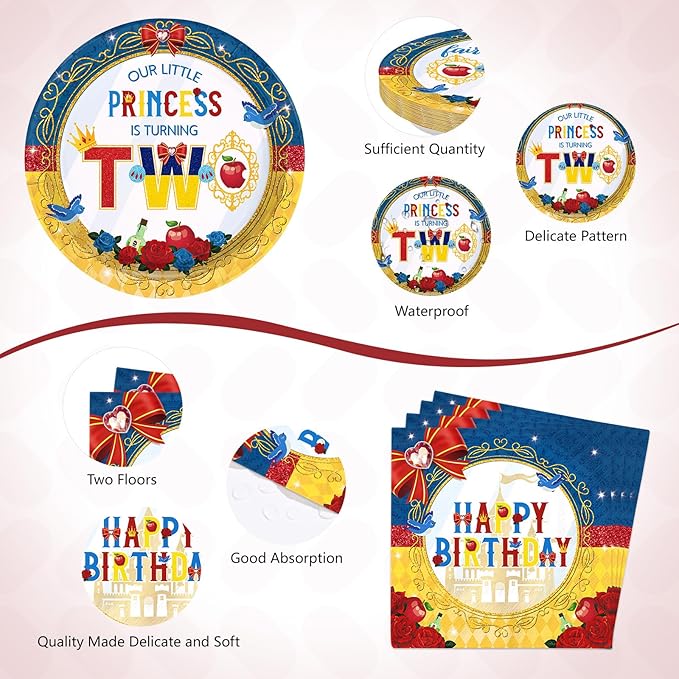 96 Pcs Snow Princess 2nd Birthday Party Supplies Cartoon Snow Plates and Napkins Red Blue Yellow Tableware Set for Girls 2nd Birthday Baby Shower Princess Theme Party Supplies, Serves 24