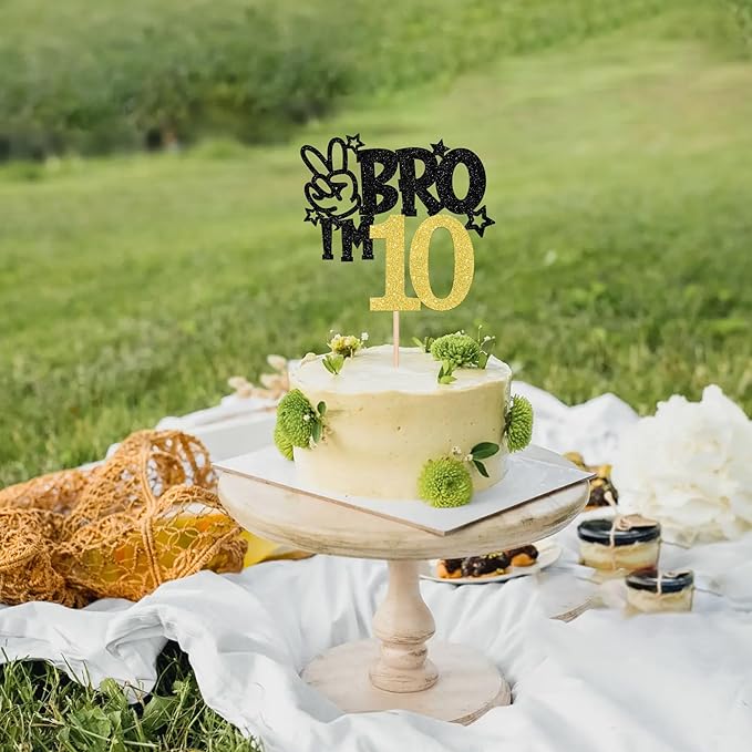 1 PCS Brother I'm 10 Cake Topper Glitter Star Happy 10th Birthday Cake Pick Bro I'm 10 Cake Decoration It's My 10th Birthday Decorations for Boys Cheers to 10 Years Old Birthday Party Supplies Gold