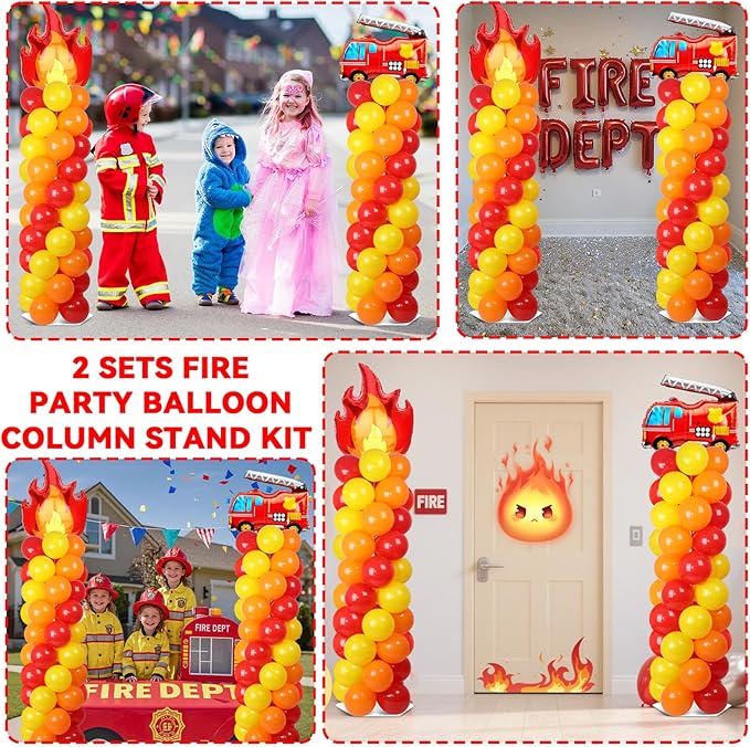 2 Sets Fire Party Balloon Column Stand Kit With 102 Fire Truck Foil Balloons 5.57Ft Adjustable Balloon Tower Stand With Base Adjustable Arch Column for Firefighter Rescue Birthday Party Supplies