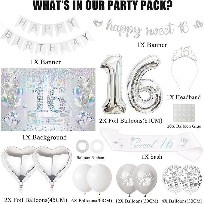 Sweet 16 Birthday Party Decorations for Girls - Colorful Silver 16th Happy Birthday Banner Heart Balloons Number 16, Photo Backdrop Crown Sash Party Supplies for Sixteen Years Old