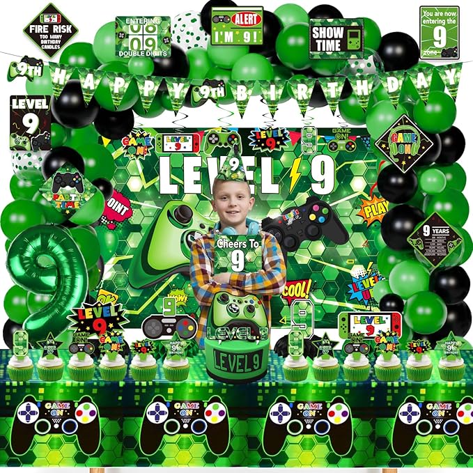 9th Birthday Decorations for Boys, 148Pcs Green Video Game level 9 Party Supplies for Boy 9th Birthday - Backdrop, Banner, Balloons, Tablecloth, Centerpieces, Hanging Swirl, Hat, Wall Signs