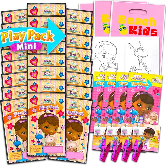 Disney Doc McStuffins Mini Birthday Party Favors Set for Kids - 24 Activity Play Pack Bundle with Mini Coloring Books, Stickers, Loot Bags, More Junior Doc McStuffins Party Supplies