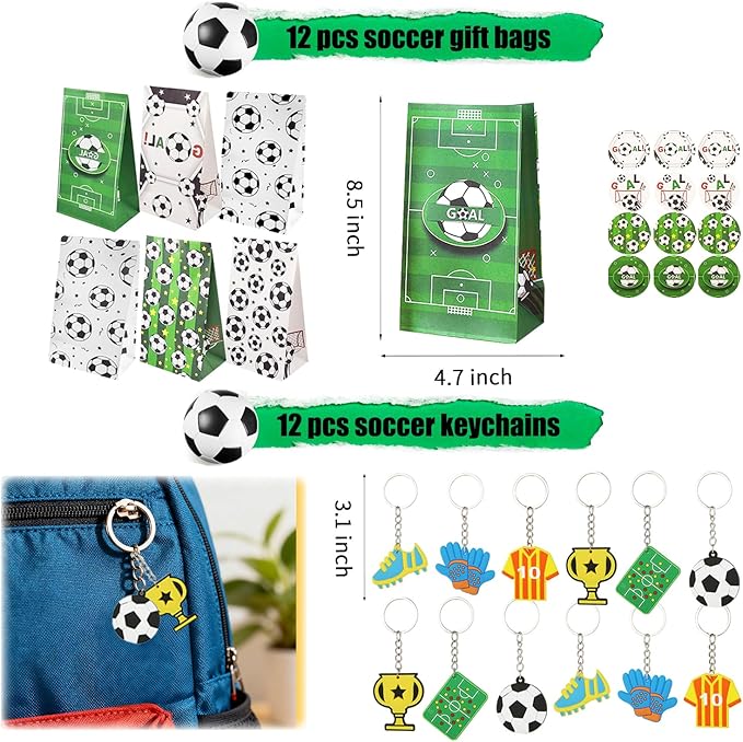 XIPEGPA 146 PCS Soccer Party Favors Soccer Birthday Party Supplies with Soccer Themed Bags Erasers Whistle Stickers Slap Bracelets Keychains for Football Sport Party Favors Goodie Bags Decorations