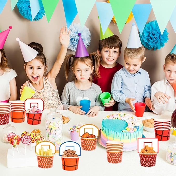 WorldBazaar Basketball Party Supplies Kids 24 Sets Basketball Hoop Snack Cups Paper Snacks Bowl Disposable Ice Cream Bowls Basketball Party Decorations
