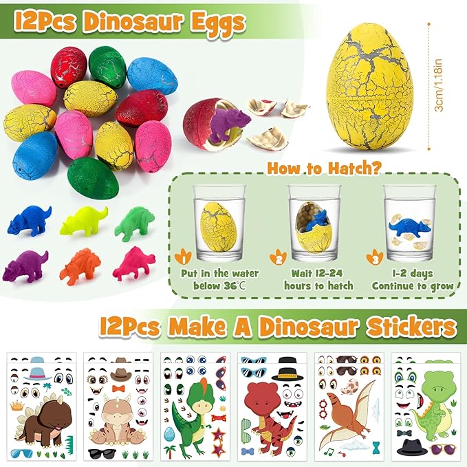 12 Sets Dinosaur Party Favors for Kids Birthday, Magnifying Glasses Luminous Keyring Dino Egg Sticker Dino Party Supplies with Skeleton Toy Silicone Bracelet Gift Bag Dino Theme Stuffer Fillers