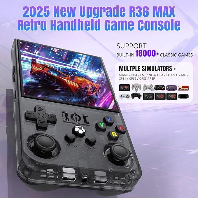 R36MAX Retro Game Console, Support 18,000+ Classic Games, 4.0-Inch IPS Display, 720x720 Resolution, 4000mah Battery, with Portable Case (Black 52GB)
