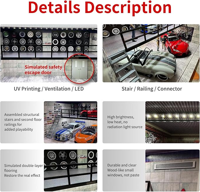 1:24 Scale Die-cast Model Car Display Case with Parking Lot Scene for Jada and Lego Collectors, Diorama Garage for Alloy Sport Car Model Toy with USB Lights and Acrylic Cover, 4 Parking Spaces