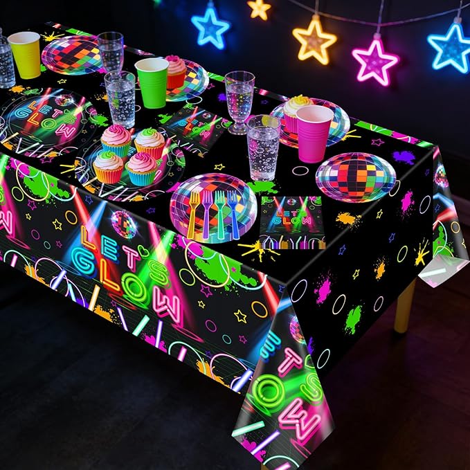 81Pcs Neon Party Supplies Set - Serves 20, Glow in the Dark Party Supplies, Includes Plates, Napkins, Fork, Tablecloth for Halloween Glow Birthday Decorations