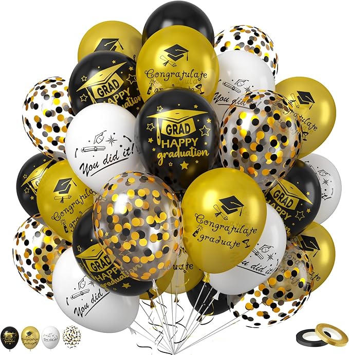 Graduation Party Decorations Balloons Set, 50PCS 12 Inch Black Gold White Confetti Party Latex Balloon for Class Of 2025 Graduation Party Decoration Supplies