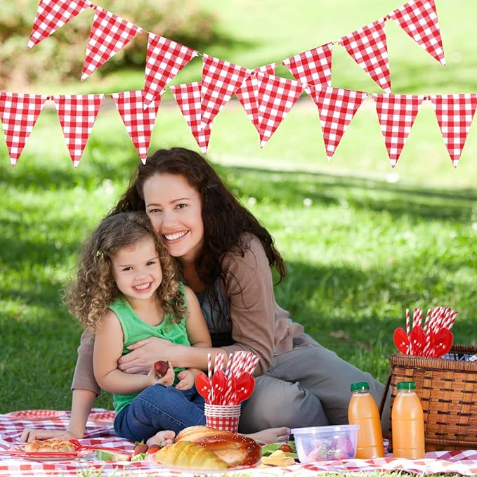 205 Pcs Party Supplies for 25 Guest Checkered Plaid Tablecloth Pennant Banner Plate Cup Napkin Cutlery and Straw for Birthday Family Dinner Picnic BBQ Birthday Party Decoration(Red and White)