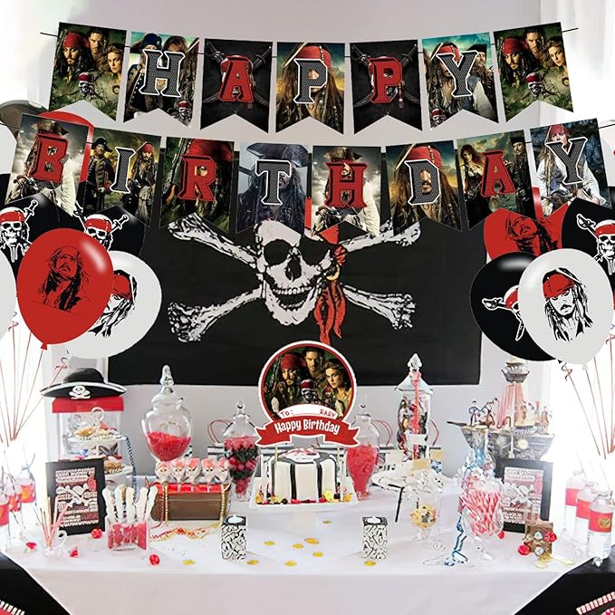 Pirates of the Caribbean Party Decorations,Birthday Party Supplies for Depp - Includes Banner, 12 Cake Toppers, 18 Balloons, 50 Stickers