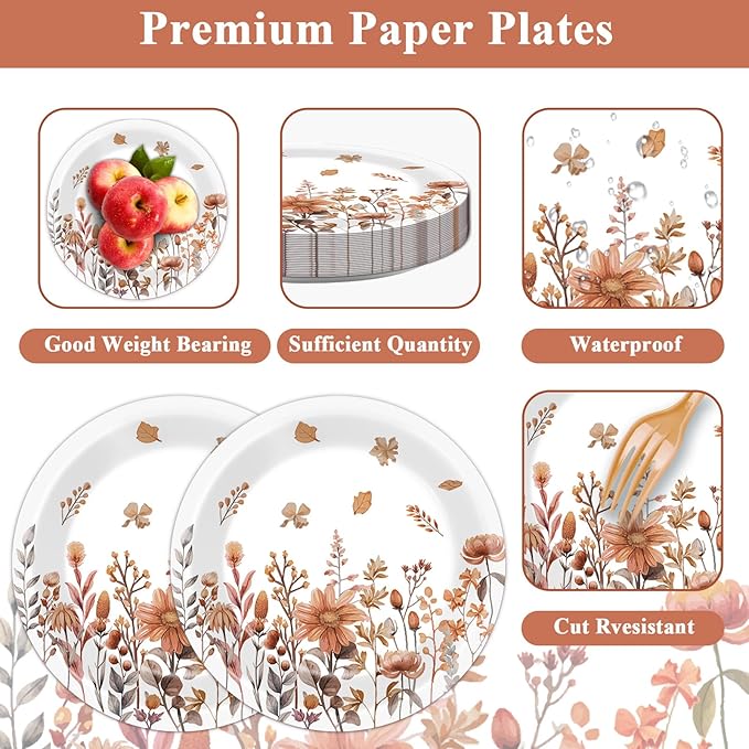 50Pcs Fall Floral Party Plates and Napkins 7 Inch Wildflower Birthday Decoration Thanksgiving Paper Dessert Plates Watercolor Autumn Tableware Set Serves 25 Guests Kids Boy Baby Shower Party Supplies